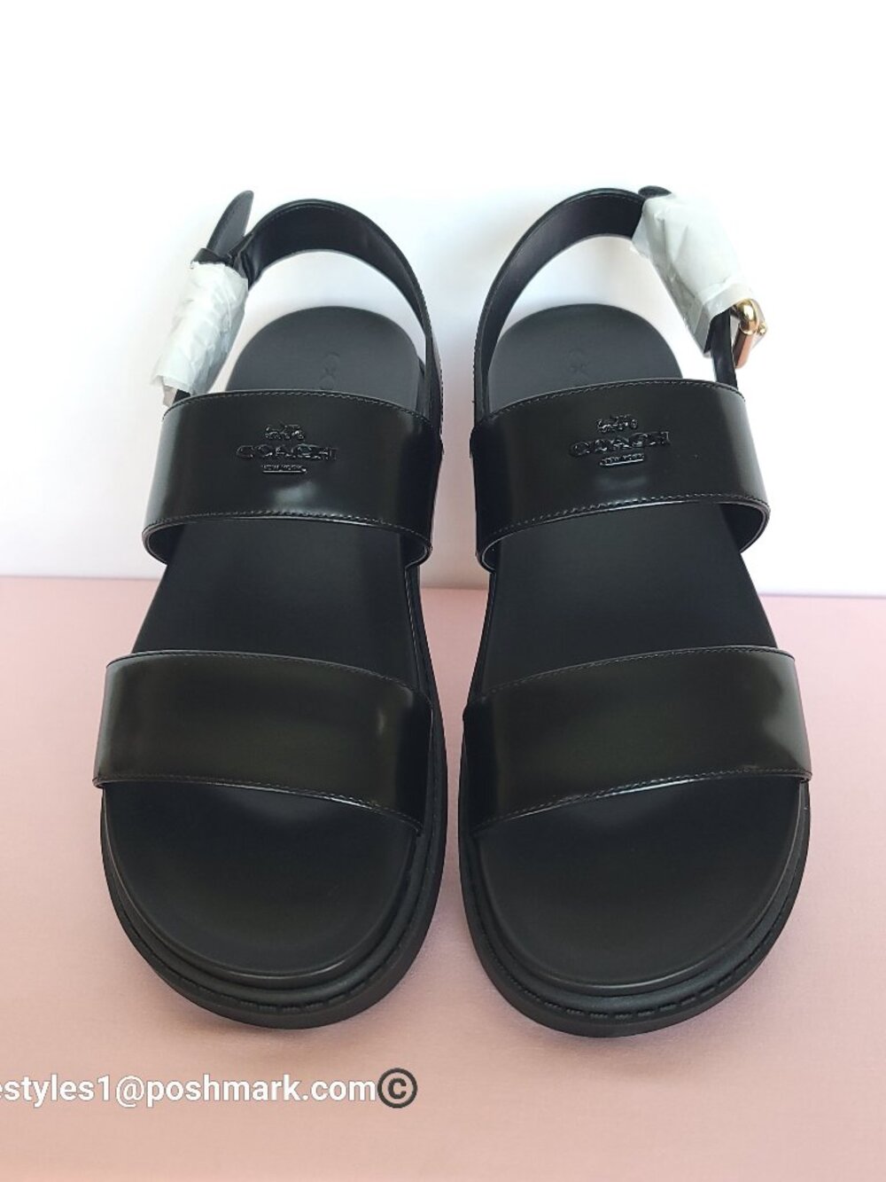 COACH Lockup Two Band Spazzolato Leather Sandals - Black color. Women's US 8.5B⭐ - Picture 8 of 16